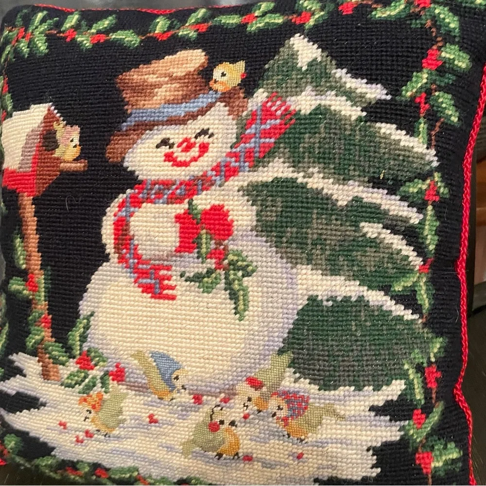 100% Wool Handmade Needle Point  snowman Pillow Christmas 13x13”